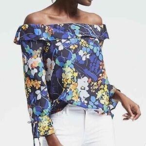 Banana Republic Vibrant Blue Floral Off-The-Shoulder Long-Sleeve Top M EUC